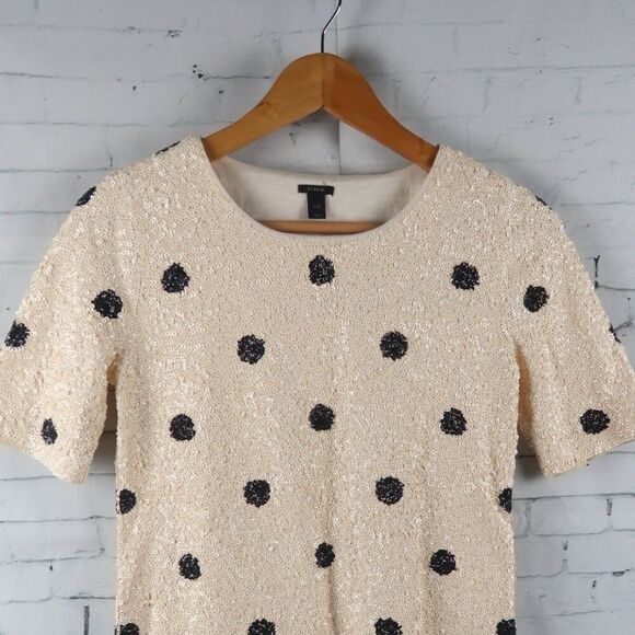 J CREW LIGHT PEACH WITH BLACK POLKA DOTS SHORT SLEEVE SEQUIN TOP SIZE XXS - Picture 8 of 11